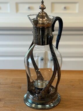 Antique Silver Tilting Glass Coffee Carafe & Warming Stand | Art Nouveau | HTF